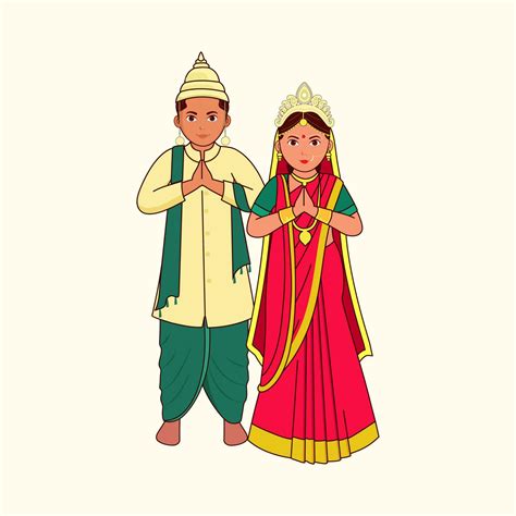 Bengali Wedding Couple Greeting Namaste Against Cosmic Latte Background