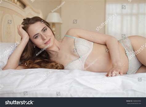 Portrait Young Woman Underwear Lying Bed Stock Photo 588084950