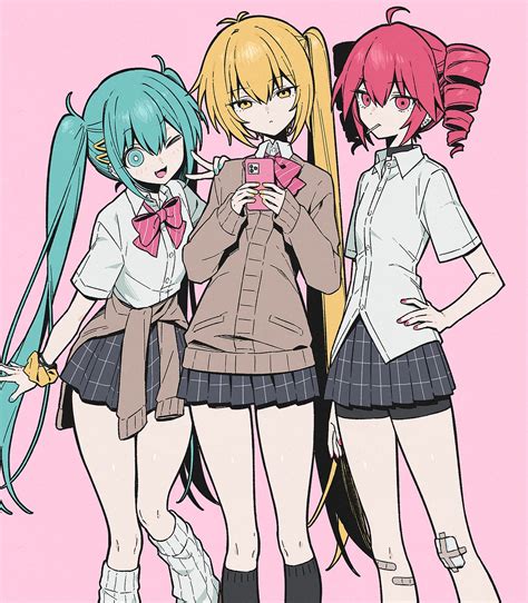 hatsune miku, kasane teto, and akita neru (vocaloid and 3 more) drawn