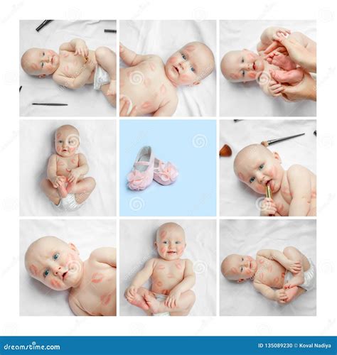 Photo Collage Cute Happy Newborn Baby with Red Lipstick Kisses on the