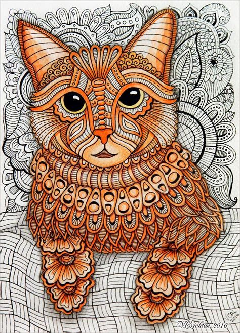 Zentangle stylized Cat illustration. Gel pen, watercolor. Author ...