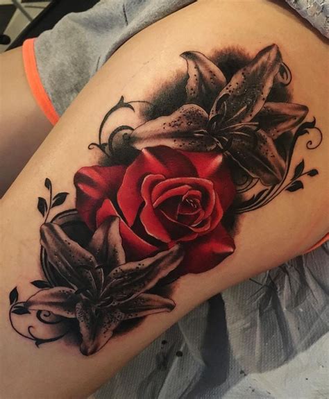rose and lilies tattoo © tattoo artist Chloe Aspey 💓🌹💓🌹💓🌹💓 | Tattoos ...