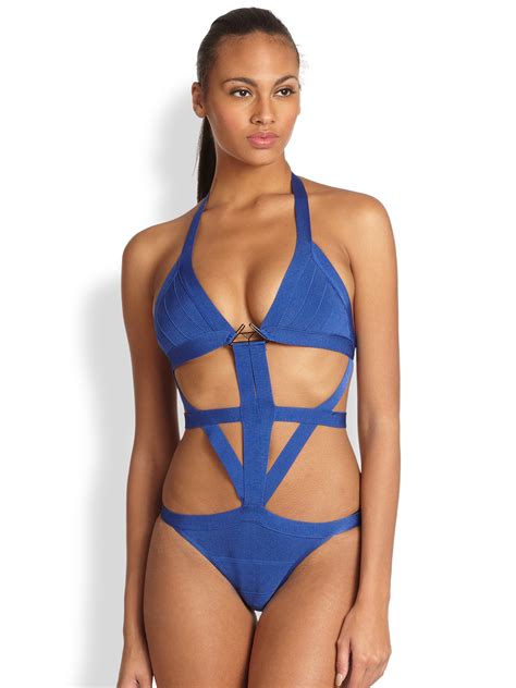 Lyst - Hervé léger Strappy Monokini in Blue