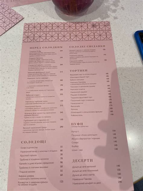 Menu at Namelaka cafe, Kyiv