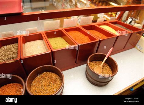 Seven kinds of shichimi ready for mixing at Yagenbori shichimi, Asakusa ...