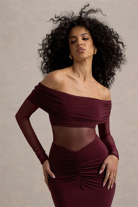 Ismeralda Burgundy Mesh Ruched Bardot Maxi Dress – Club L London - USA