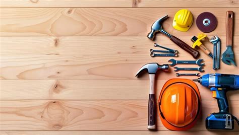 premium photo  wooden table   yellow tool   pair  tools