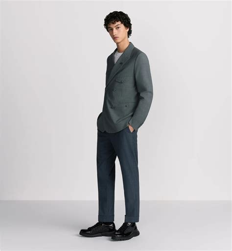 Double-Breasted Jacket with Buttoned Strap Gray Checkered Virgin Wool