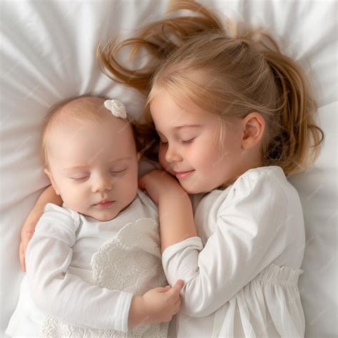 Portrait of two cute sisters sleeping on the bed at home | Premium AI