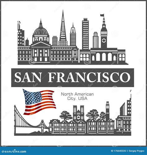 San Francisco City Skyline Detailed Silhouette on USA Flag. Vector