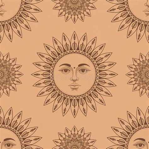 Ornate Sun Face Pattern Seamless Design with Ornamental Sun Rays Summer ...