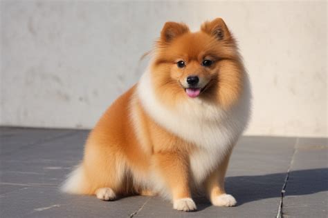 playful pomeranian dog   fluffy coat sitting happily outdoors