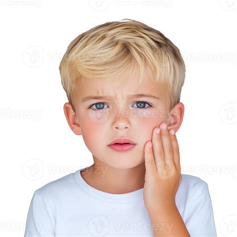 Young boy holding cheek with hand, expressing pain and discomfort on