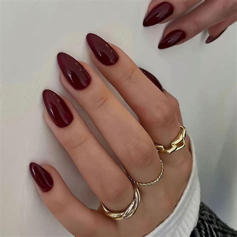 Medium Press on Nails Wine Red Almond Fake Nails, Burgundy Red Gel