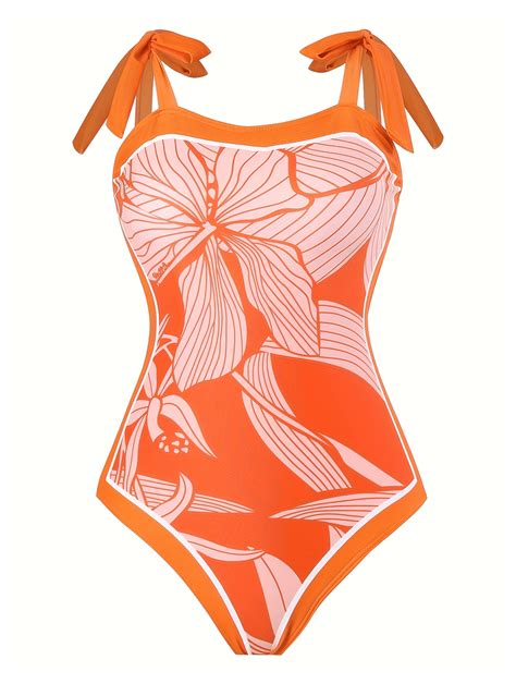 tangerine floral swimsuit  women  piece bathing suit  skirt