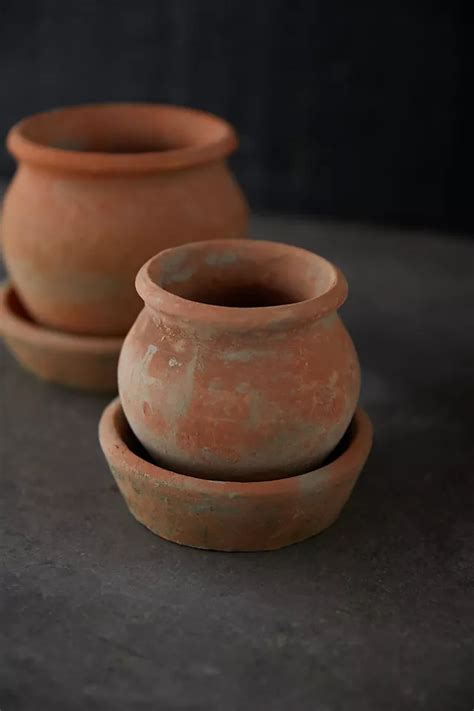 Earth Fired Clay Natural Curve Pots + Saucers, Set of 3 Sizes ...