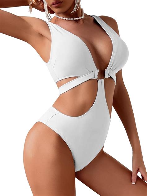 Snapklik.com : Sexy Plunge Metal O Linked Cutout Low Cut One Piece