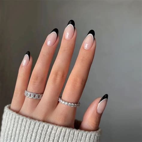 Unha Postiça Preto E Branco - Unha Postiça Decorada Auto Colante Nude Branco Preto | Shopee Brasil