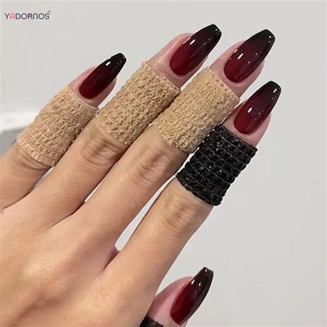 Red-Black-Gradient-Press-on-Nails-Medium-Length-Coffin-Fake-Nails-with