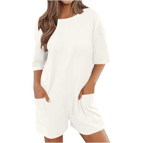 Busydd Womens Jumpsuit Round Neck White Rompers Overalls Short Sleeve
