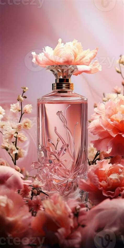 Glass bottle of perfume on floral background. Pink floral background ...