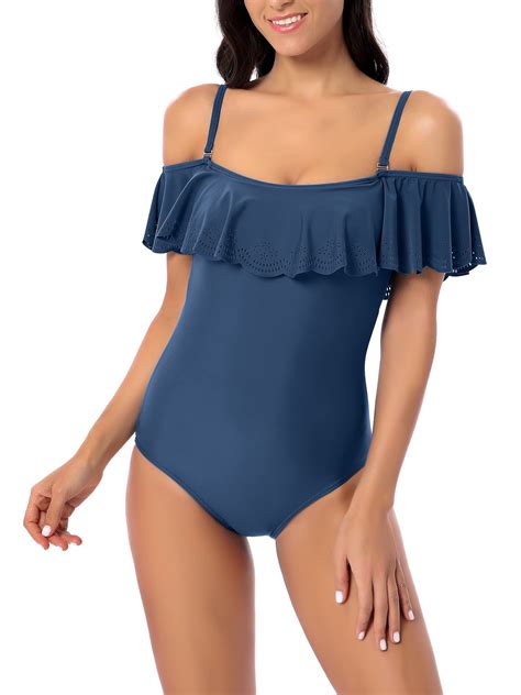 Csndyce Women One Piece Swimsuits Ruffled off Shoulder Backless Tummy