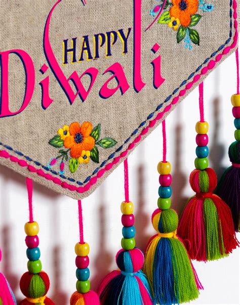 Happy diwali Wall art – embroidered triangular linen wall art with ...