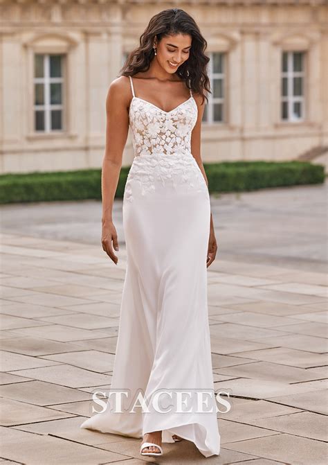Stunning Sheath V Neck Fitted Crepe Wedding Dress with Floral Lace