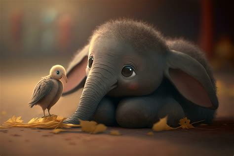 Dreamy-eyed baby elephant gazing at a little bird 24060003 Stock Photo ...