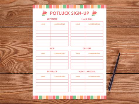 Potluck Sign up Sheet, Office Potluck Party Printable, Summer Party ...