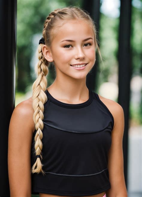 Lexica - Beautiful pretty blonde tanned tween with straight pigtails