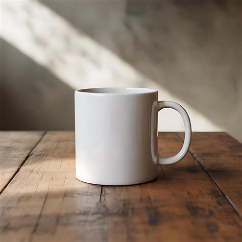plain white ceramic mug sits   rustic wooden table  stock