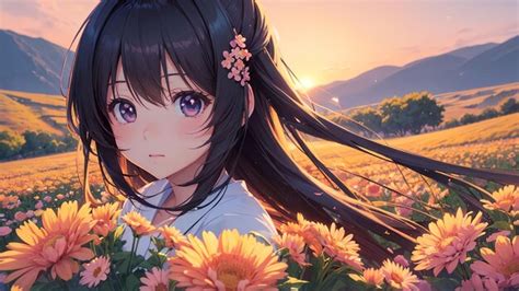 Premium Photo | Cute girl in the flower field anime style