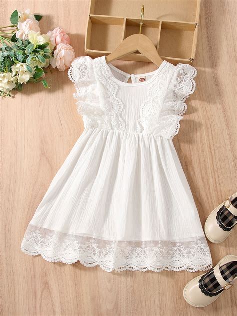 Toddler Girls Contrast Guipure Lace Ruffle Trim Dress | Girls frock