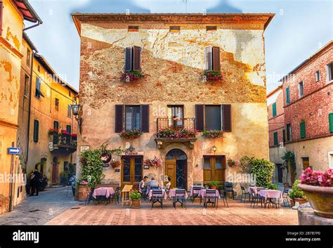 PIENZA, ITALY - JUNE 23: View of the picturesque Piazza di Spagna, in Pienza, Tuscany, Italy on ...