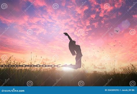 Freedom Concept Of Woman Jumping And Broken Chains Royalty-Free Stock ...