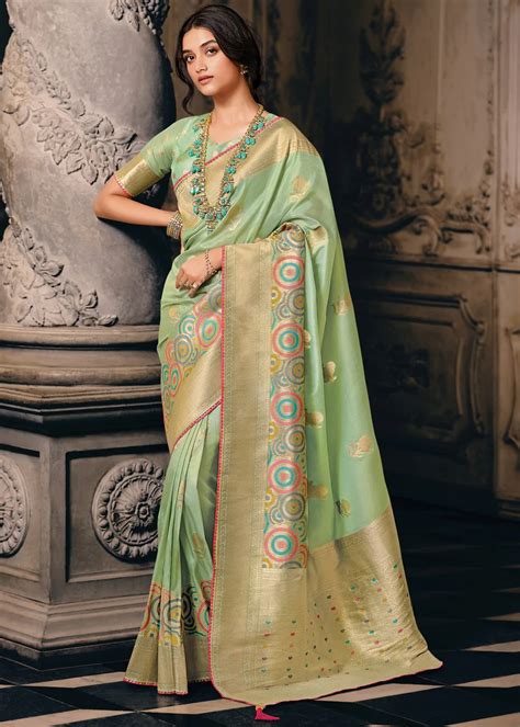 pastel green woven banarasi tissue silk saree urban womania