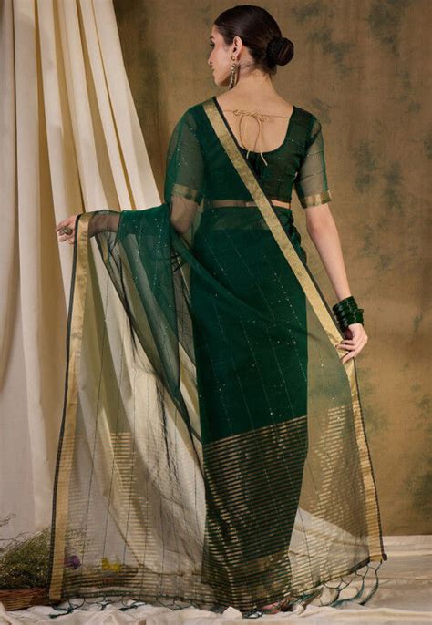 buy woven organza saree  dark green  suy utsav fashion