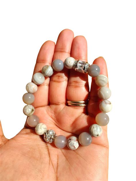 Gray agate and Mexican laguna lace agate stretch bracelet - LoveStoned ...