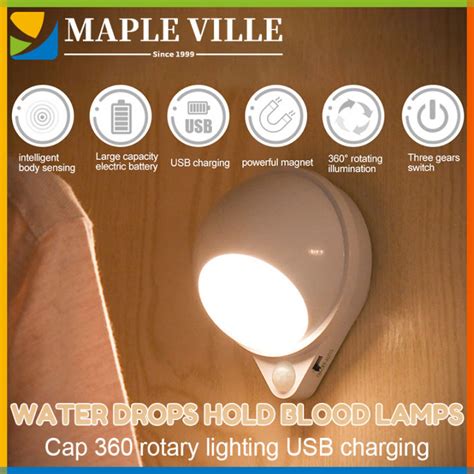Motion Sensor LED Light Water Drop 360 Degree Rotating Night Lights ...