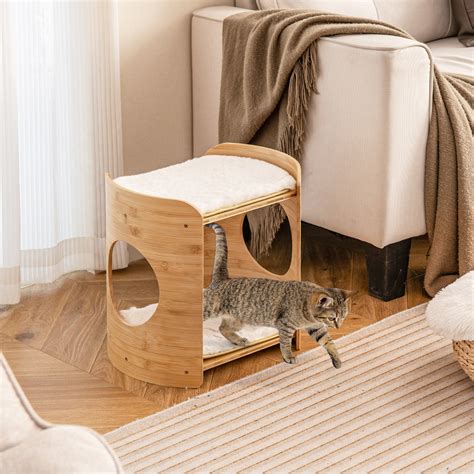 tier elevated cat bed cat tower  natural bamboo frame natural