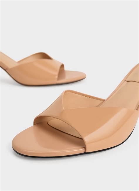 Nude Leather Geometric Heel Mules - CHARLES & KEITH ZA