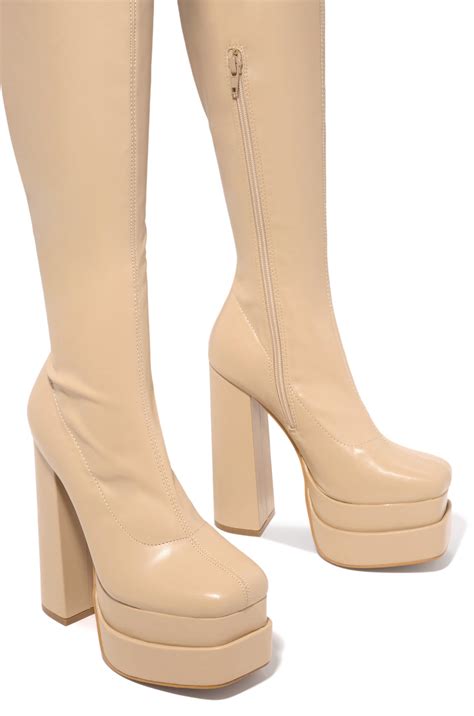 Buy Amira Nude Platform Block Heel Boots – MISS LOLA