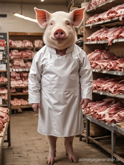 Pig Butcher in Elegant White Dress and Leather Suit at Meat Store | AI