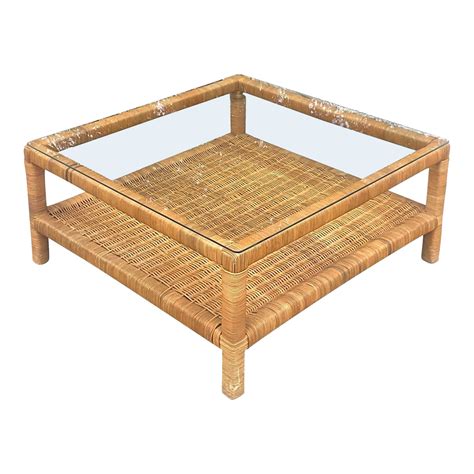 Late 20th Century Vintage Coastal Woven Rattan Coffee Table For Sale at