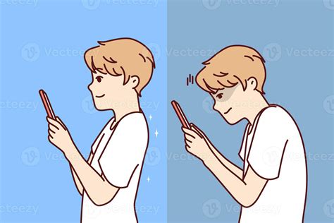 Boy with poor posture holds phone and needs to straighten spine, before