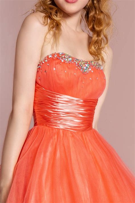 Coral Strapless Beaded Tulle Short Prom Dress - Homecoming Dresses & Gown
