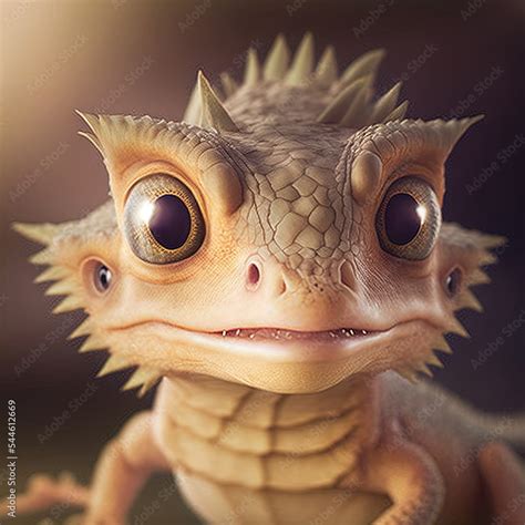 a cute adorable baby dragon lizard 3D Illustation stands in nature in ...