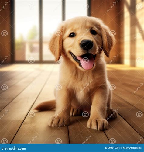 A Golden Retriever Puppy Sitting on a Wooden Floor Stock Illustration