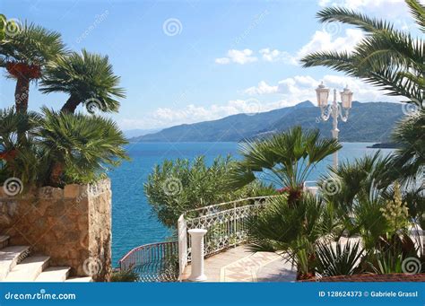 scenic mediterranean view   terrace   sea stock image image